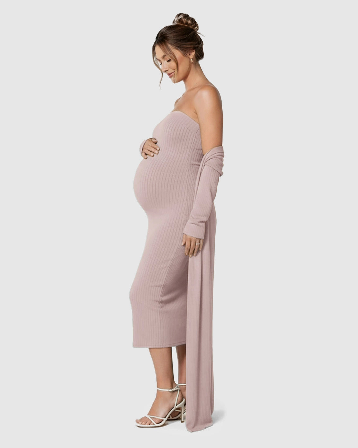 Elegant Ribbed Two-Piece Maternity Dress with Cardigan