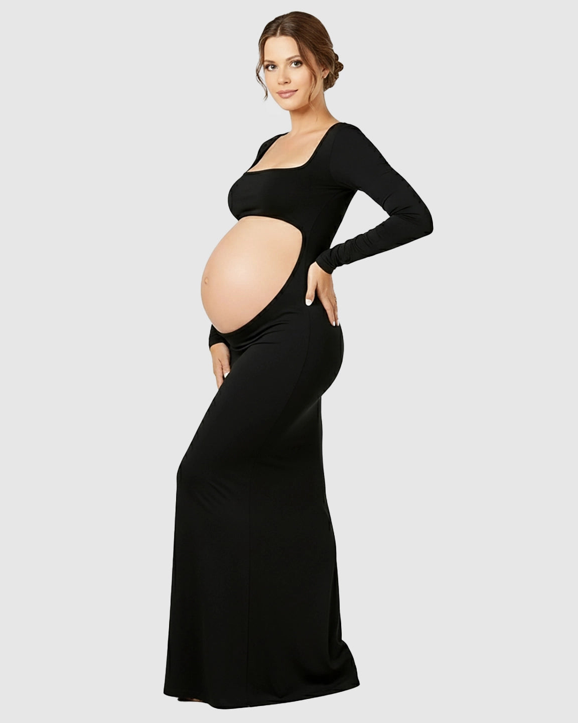 Belly-Cutout Bodycon Long Sleeve Maternity Maxi Dress
