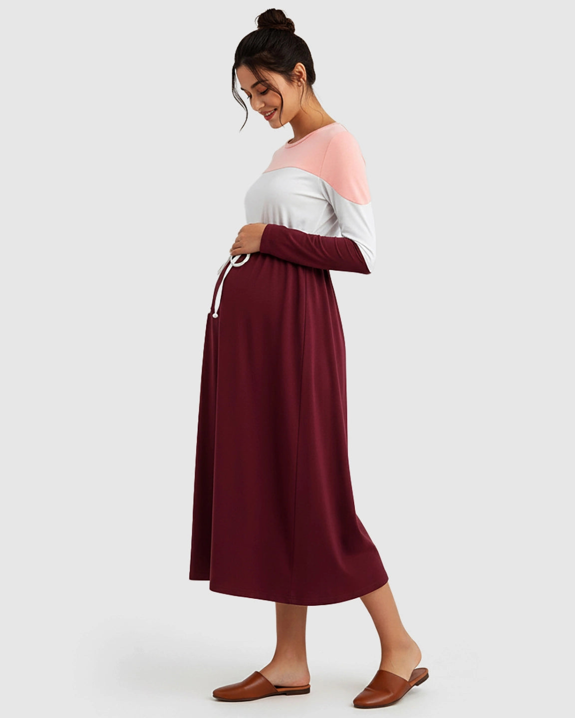 Color-Block Off-Shoulder Drawstring Waist Maternity Dress
