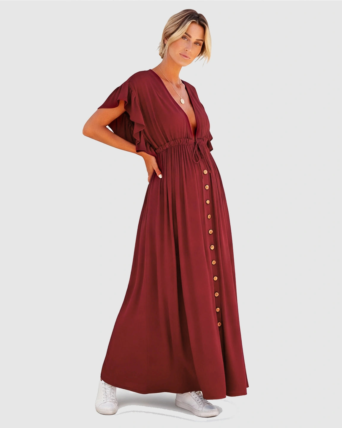 Button-Front Deep V Neck Maxi Beach Cover-Up Dress