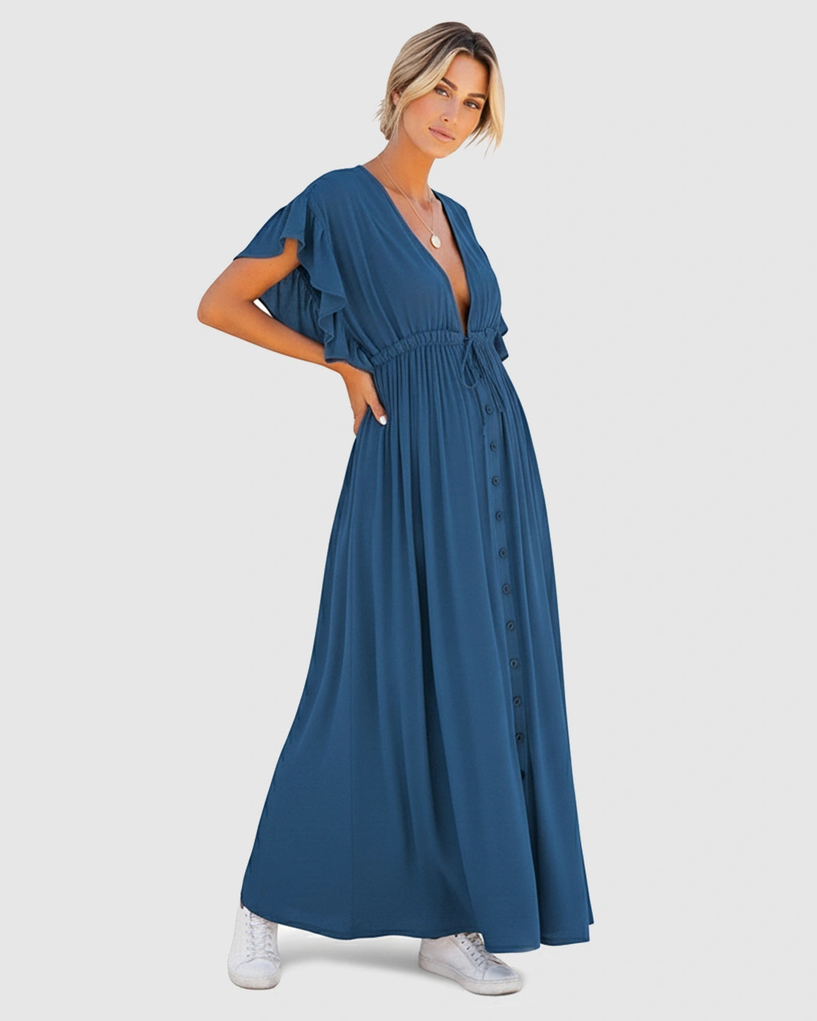 Button-Front Deep V Neck Maxi Beach Cover-Up Dress