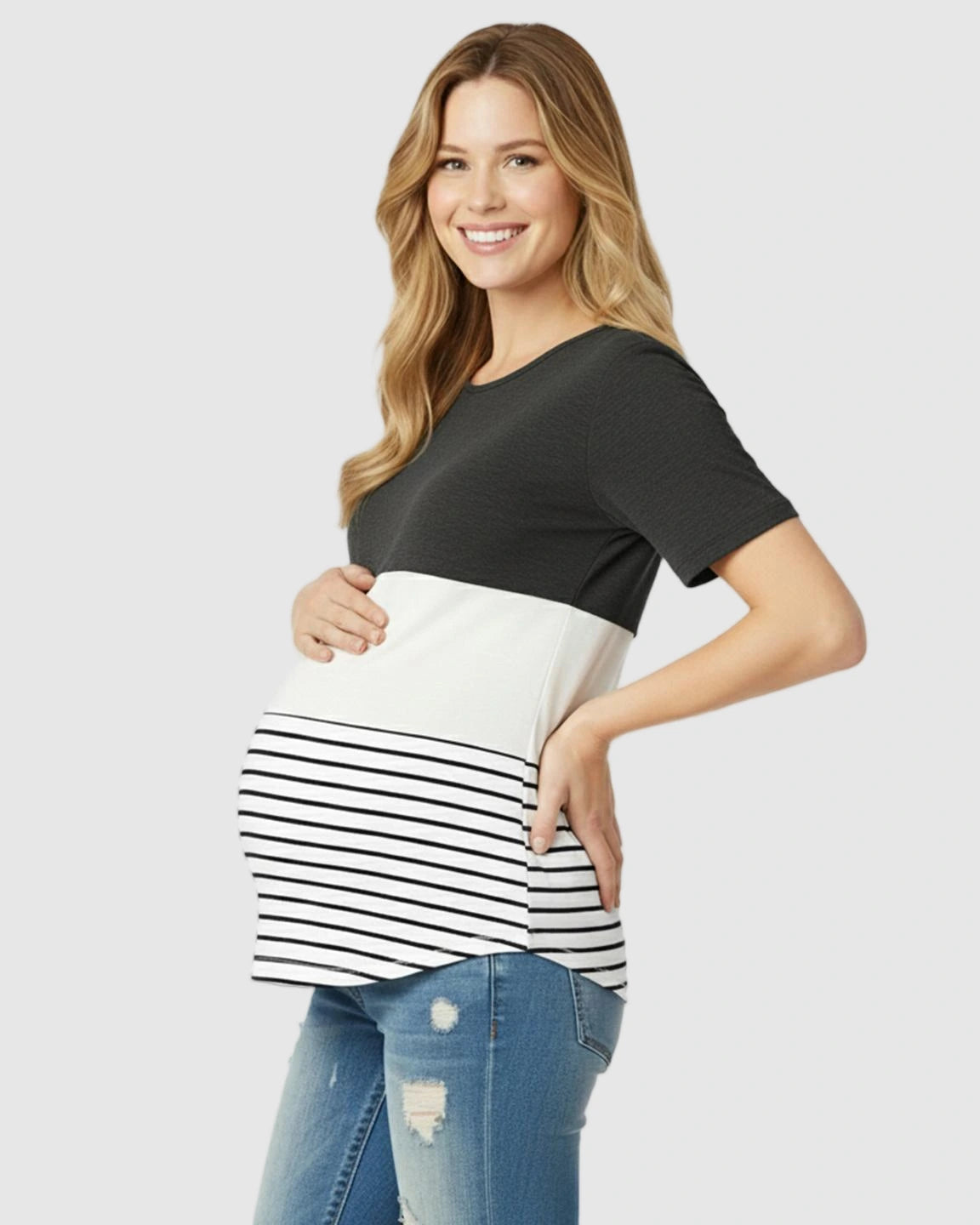 Hidden Nursing Access Colorblock Striped Maternity Top