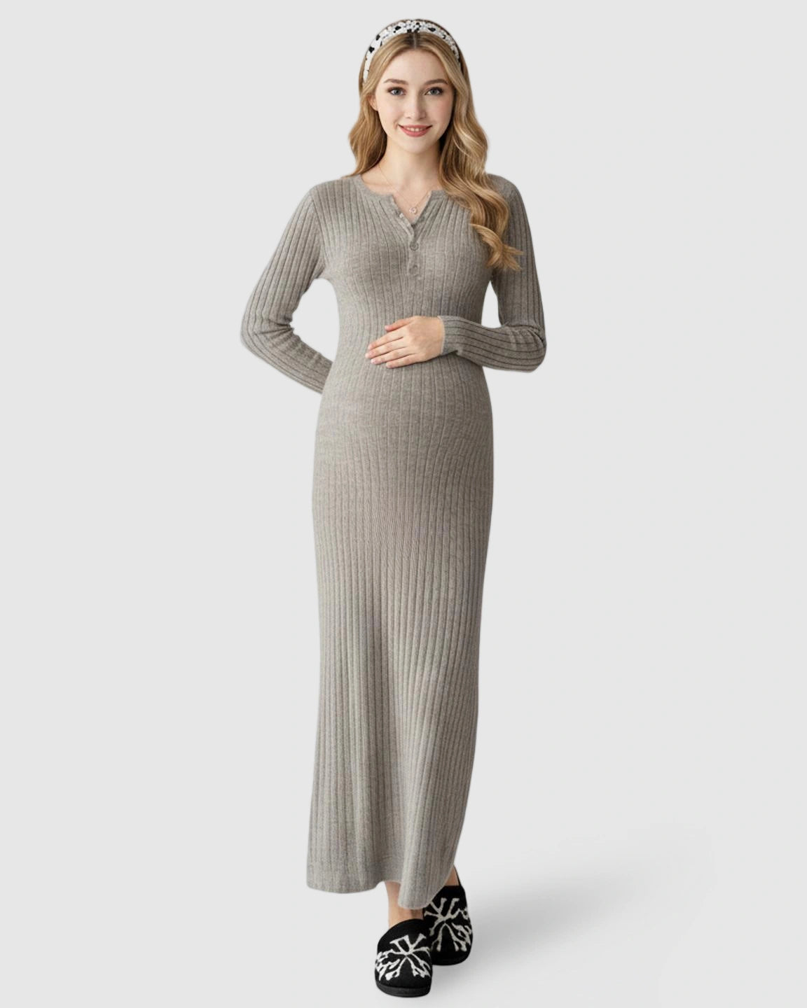 Ribbed Knit A-Line Long Sleeve Maternity Maxi Dress