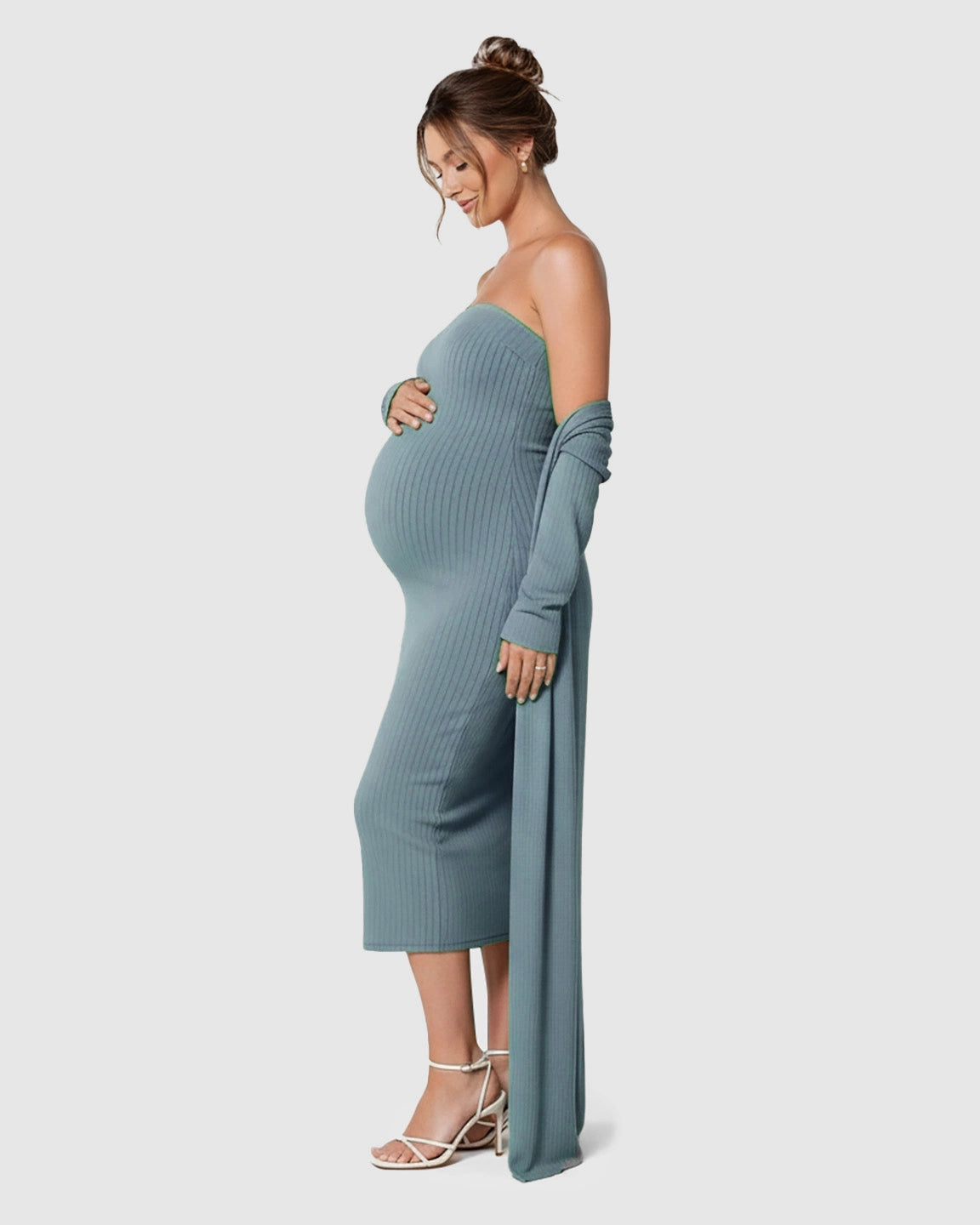 Elegant Ribbed Two-Piece Maternity Dress with Cardigan