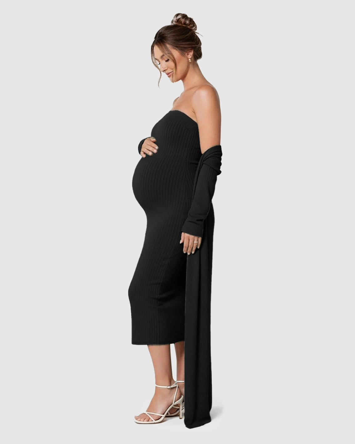 Elegant Ribbed Two-Piece Maternity Dress with Cardigan