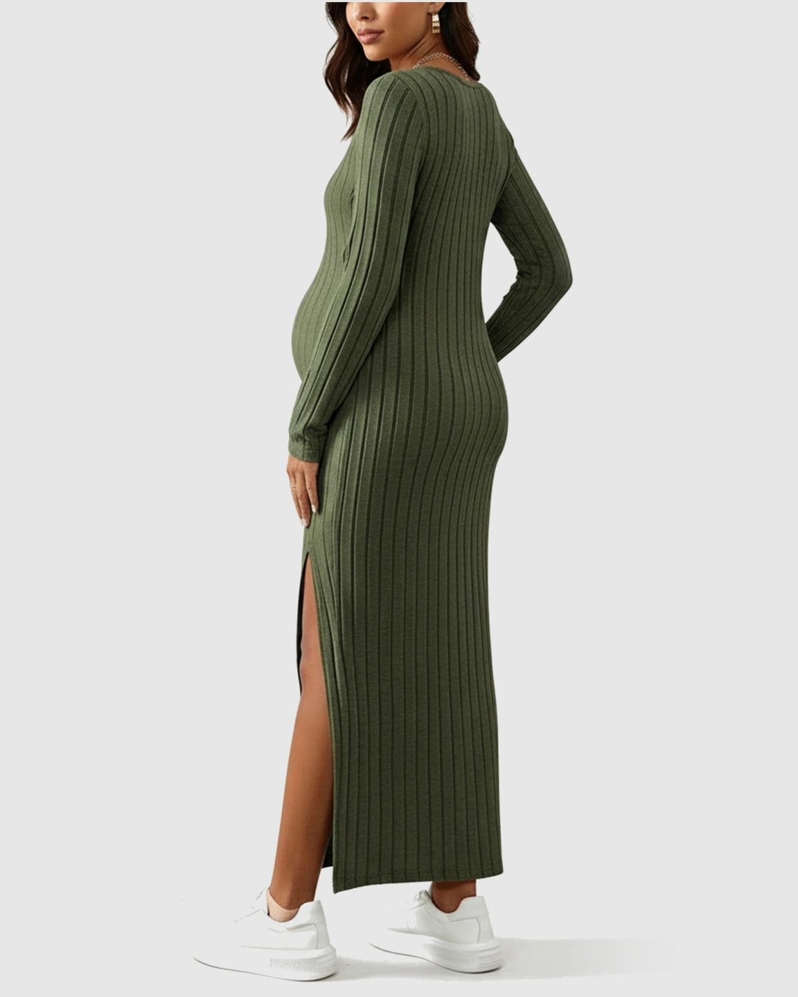 Ribbed Knit Maternity Maxi Dress with Side Slit