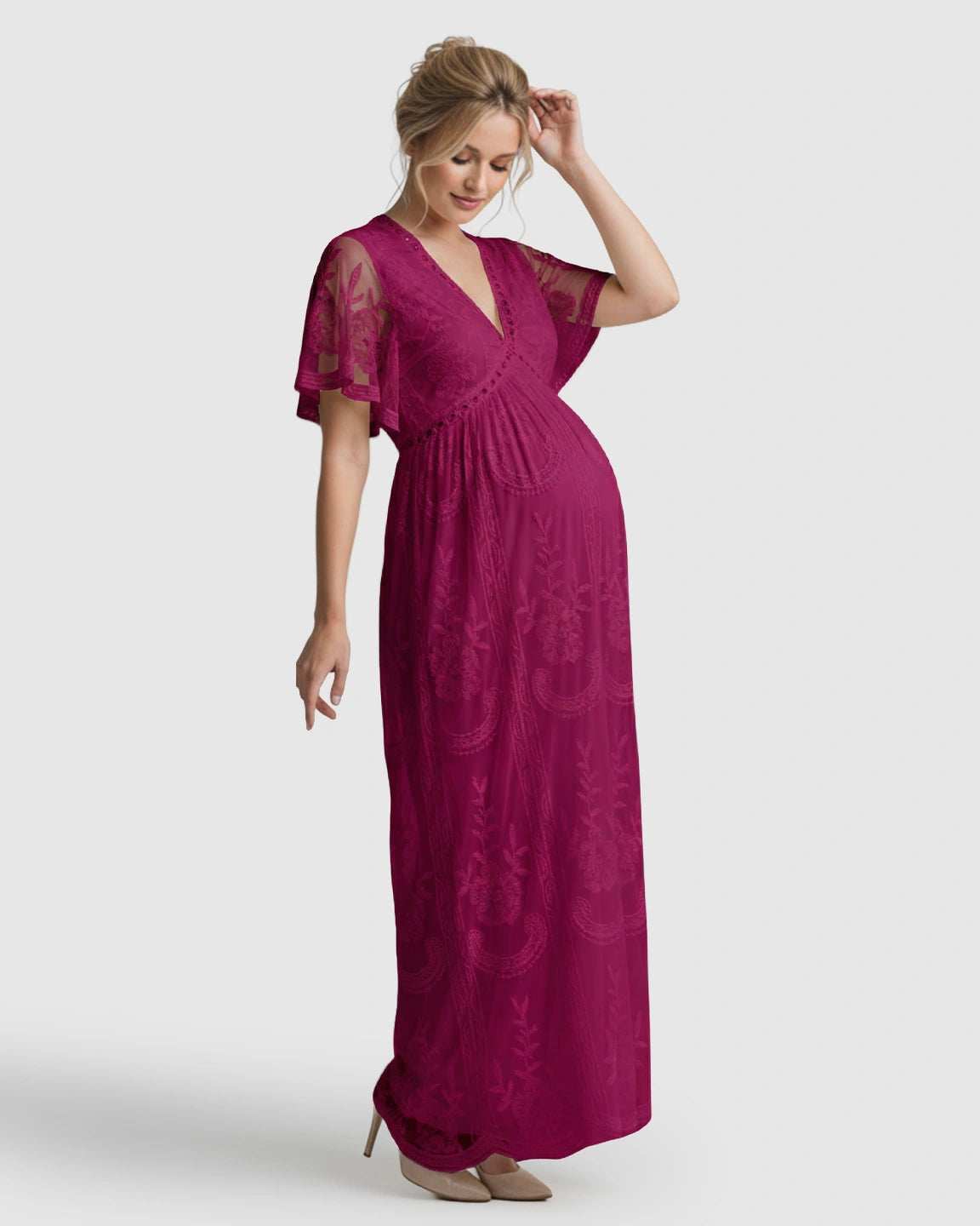 Sheer-Lace Romantic Maternity Maxi Dress