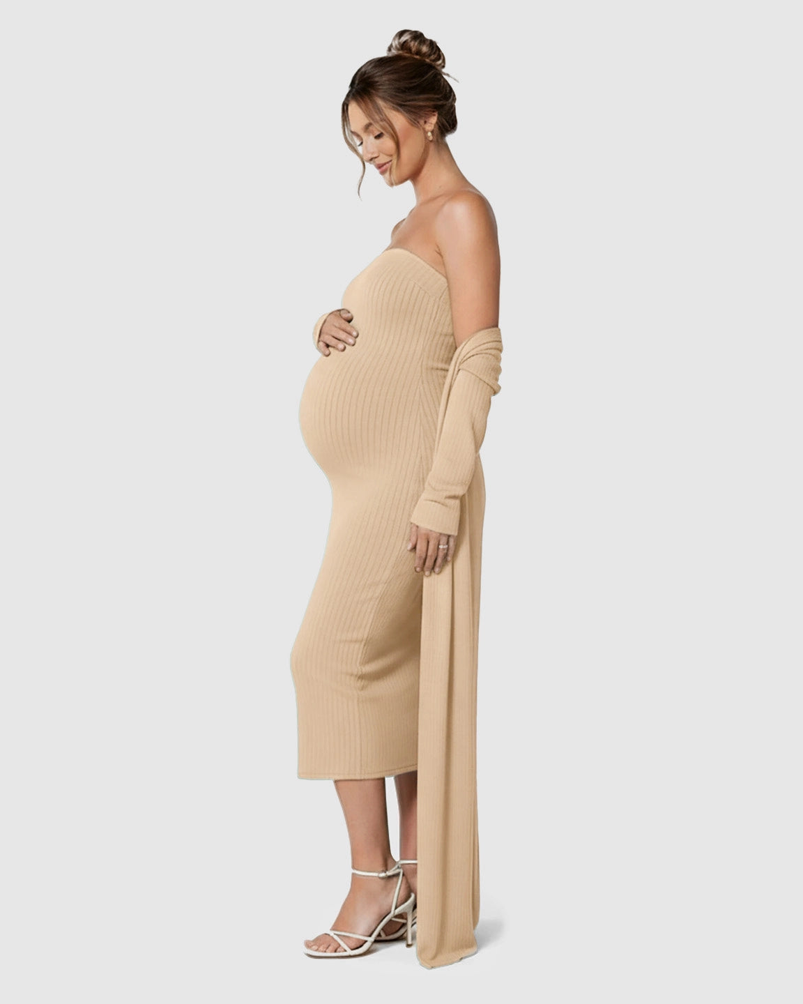Elegant Ribbed Two-Piece Maternity Dress with Cardigan