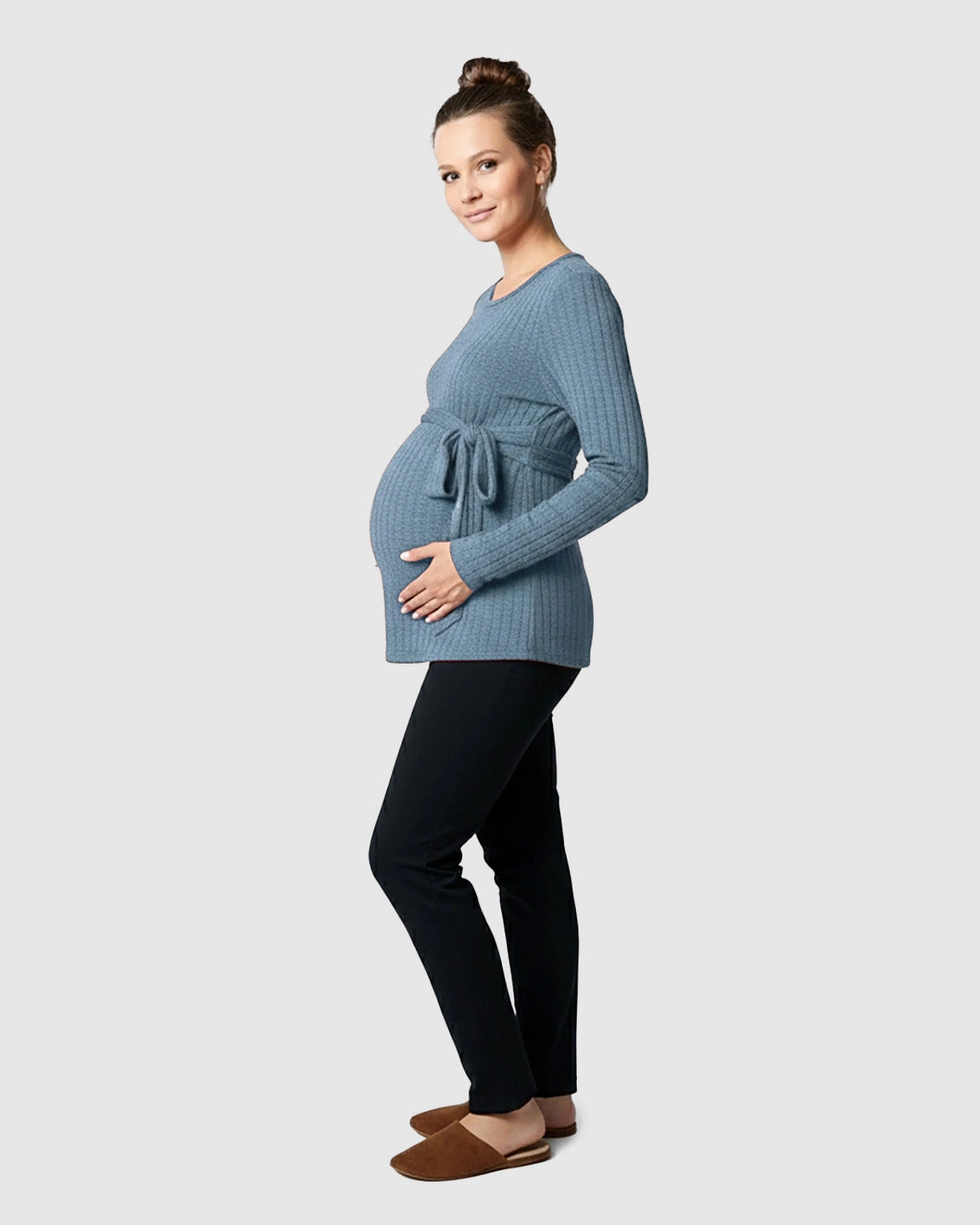 Ribbed Knit Tie-Waist Long Sleeve Maternity Top