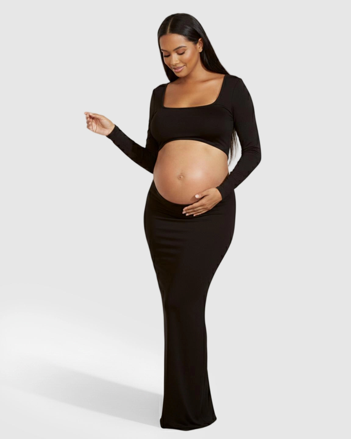 Long Sleeve Bump-Revealing Bodycon Maternity Maxi Dress