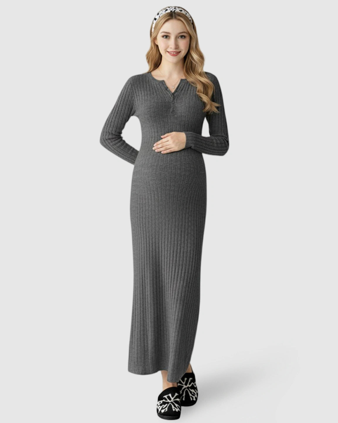 Ribbed Knit A-Line Long Sleeve Maternity Maxi Dress