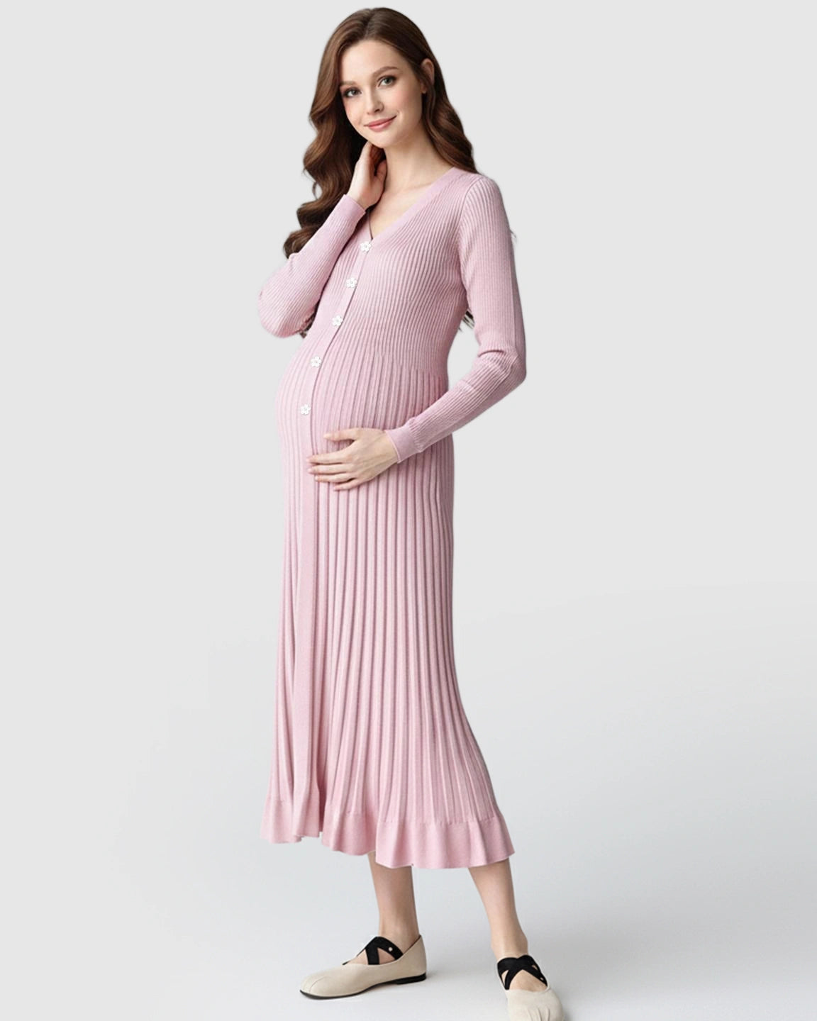 Ribbed Knit Long Sleeve Maternity Midi Dress