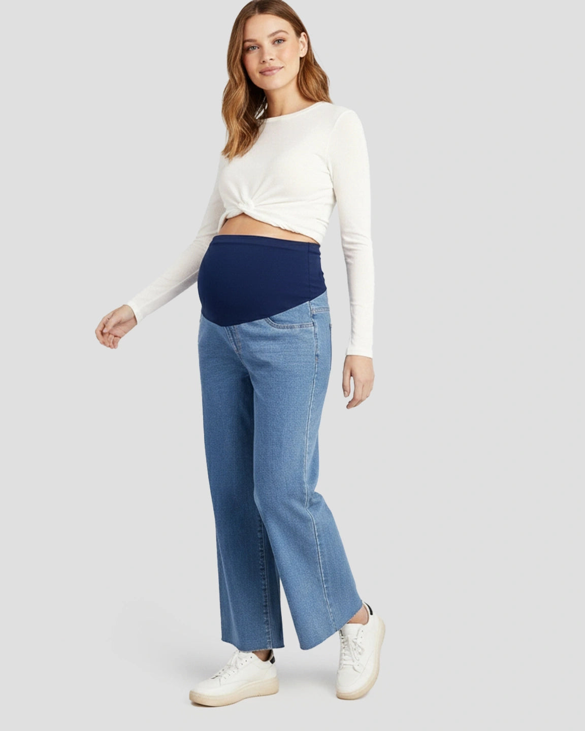 Raw Hem Loose Straight-Leg Maternity Jeans with Tummy Support