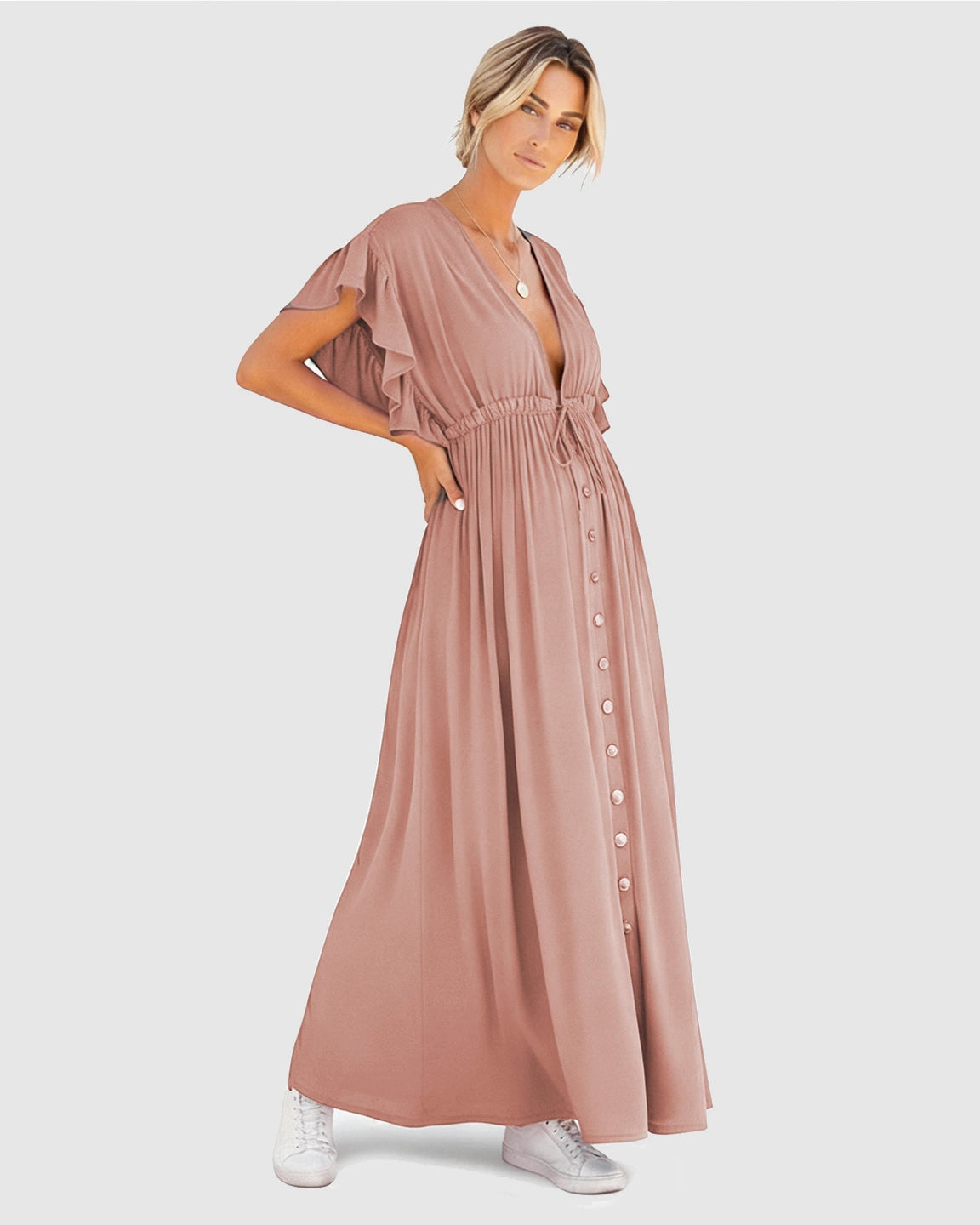 Button-Front Deep V Neck Maxi Beach Cover-Up Dress
