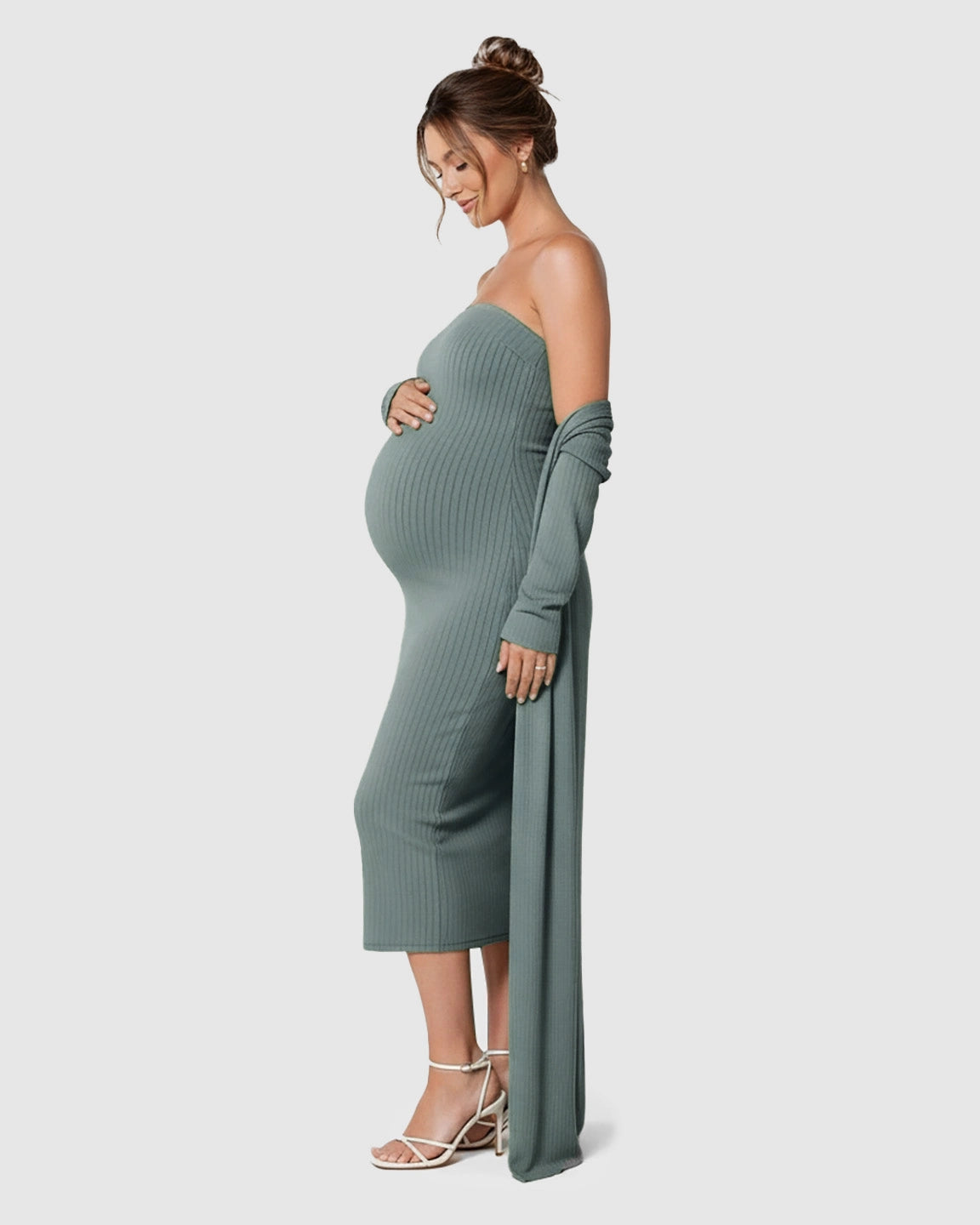Elegant Ribbed Two-Piece Maternity Dress with Cardigan