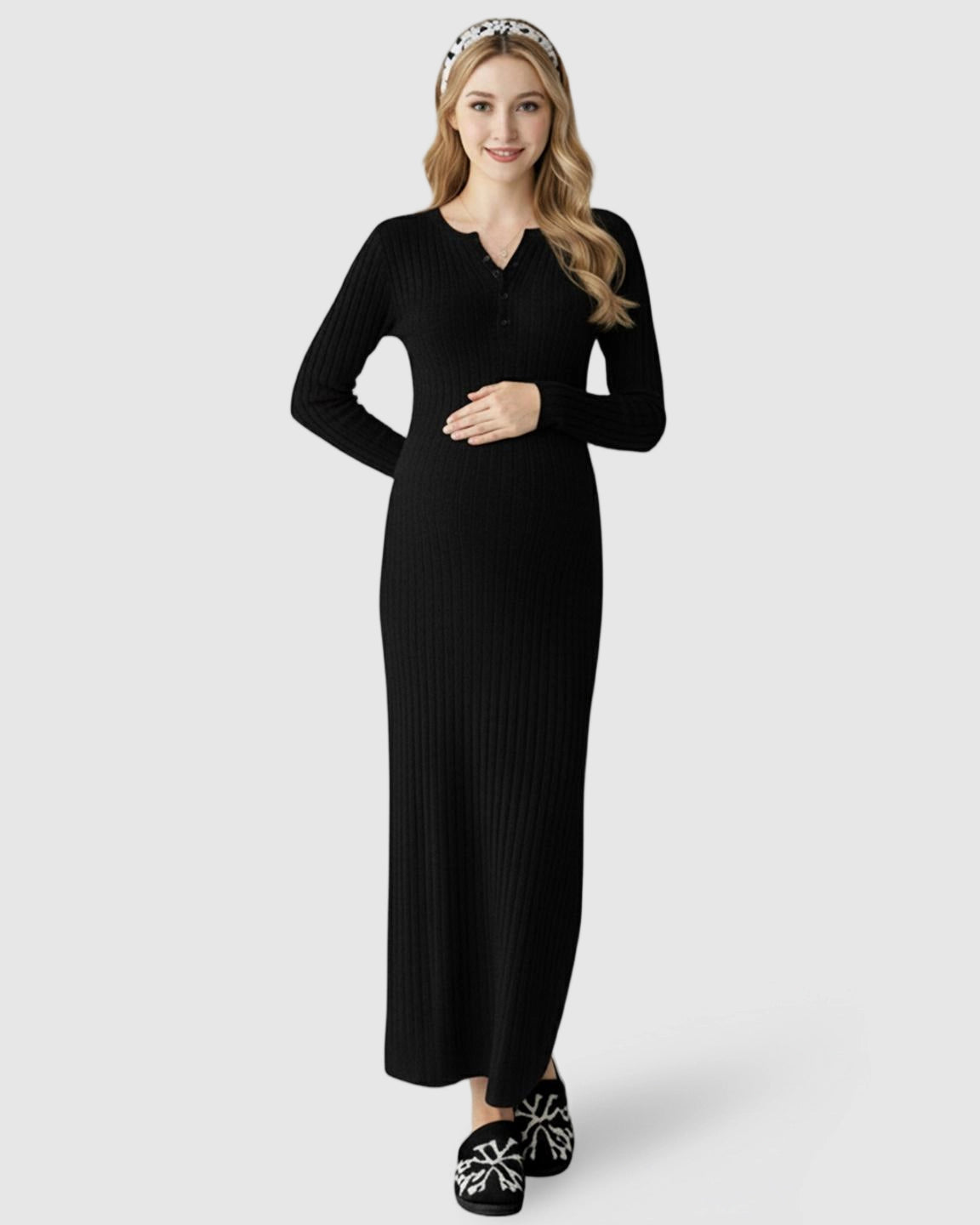 Ribbed Knit A-Line Long Sleeve Maternity Maxi Dress