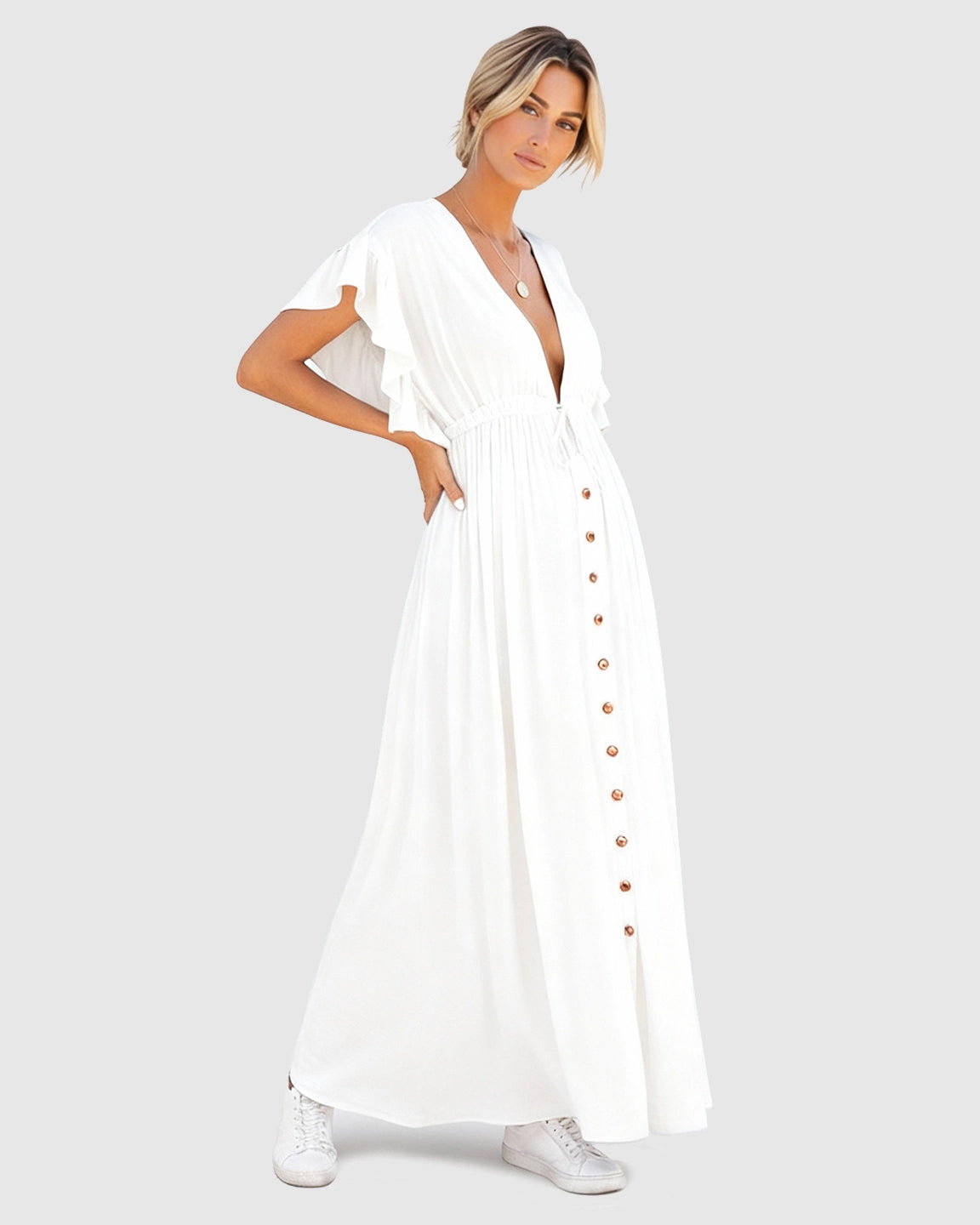 Button-Front Deep V Neck Maxi Beach Cover-Up Dress