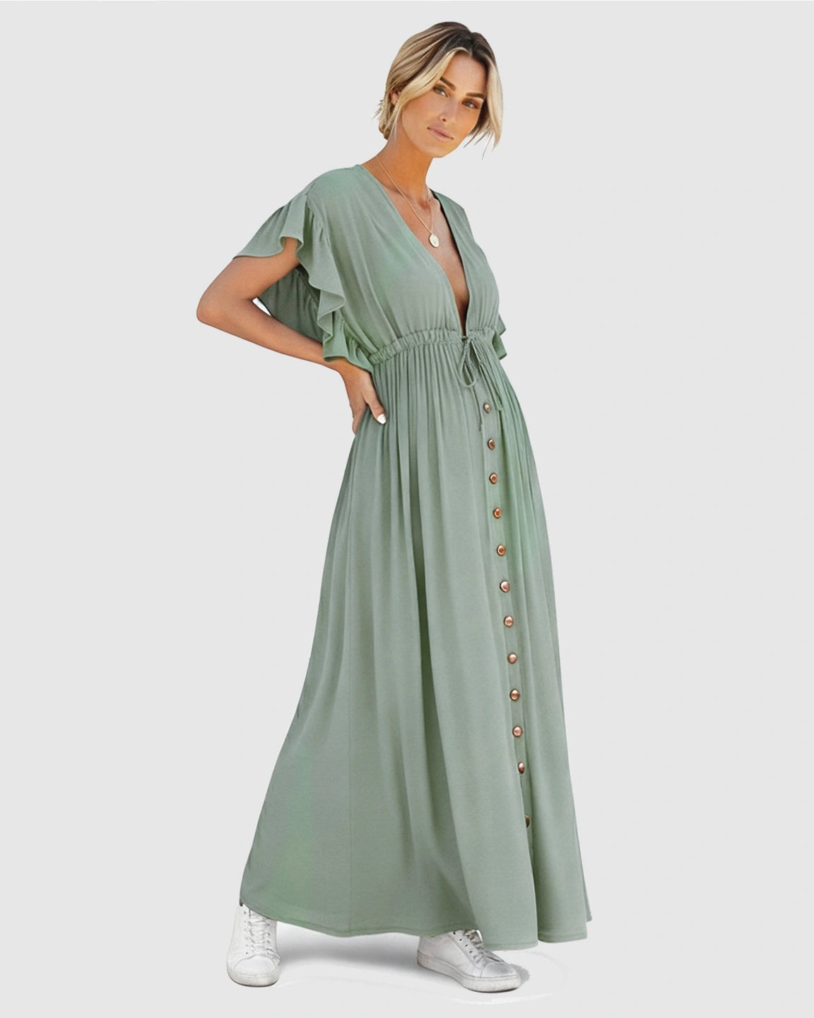 Button-Front Deep V Neck Maxi Beach Cover-Up Dress