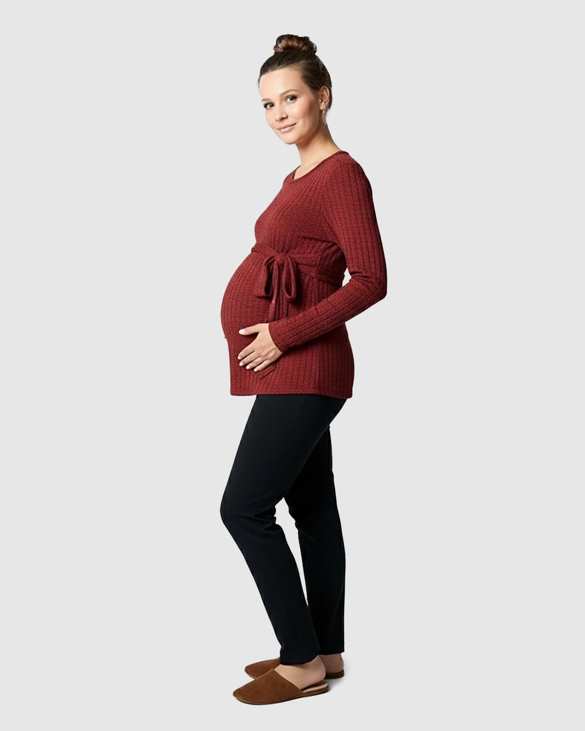 Ribbed Knit Tie-Waist Long Sleeve Maternity Top