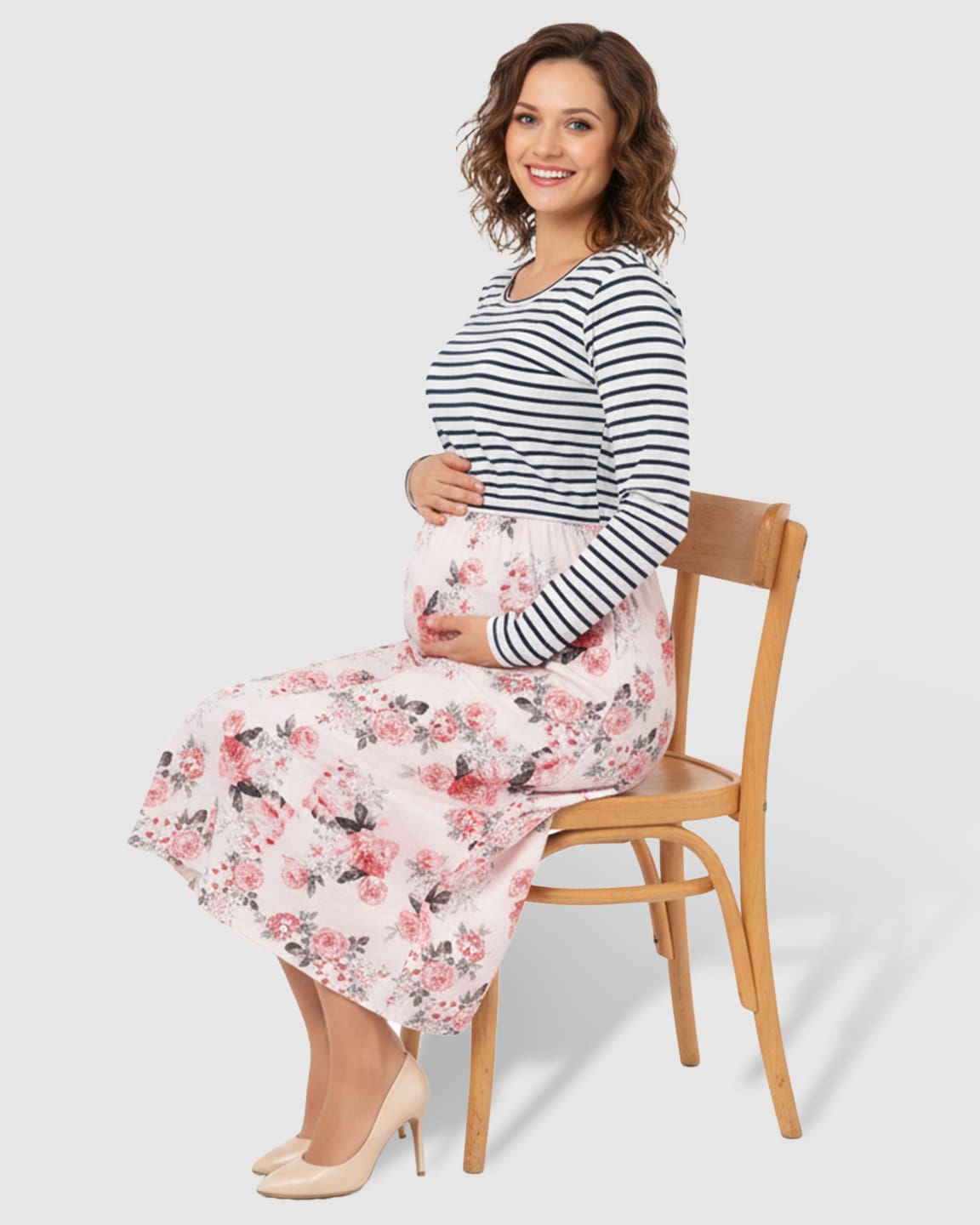 Striped Top Floral Skirt Nursing & Maternity Midi Dress