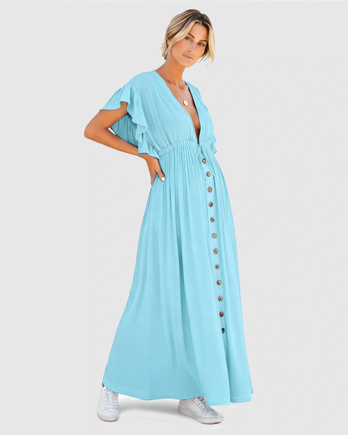 Button-Front Deep V Neck Maxi Beach Cover-Up Dress