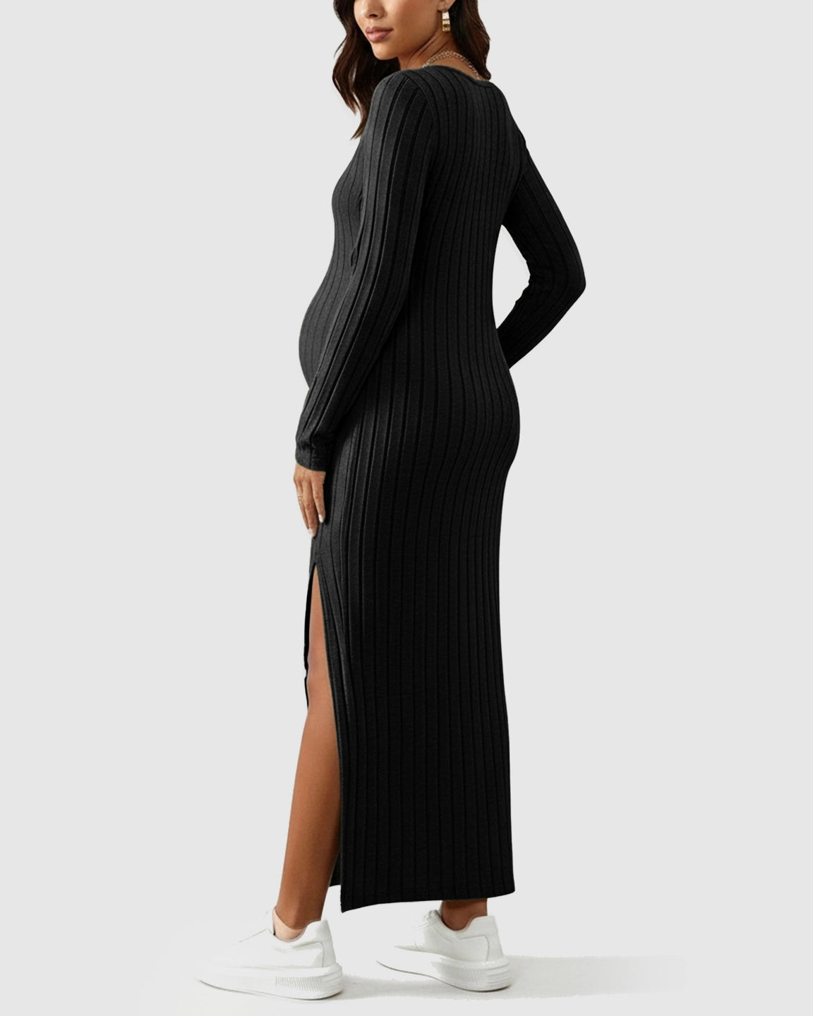 Ribbed Knit Maternity Maxi Dress with Side Slit