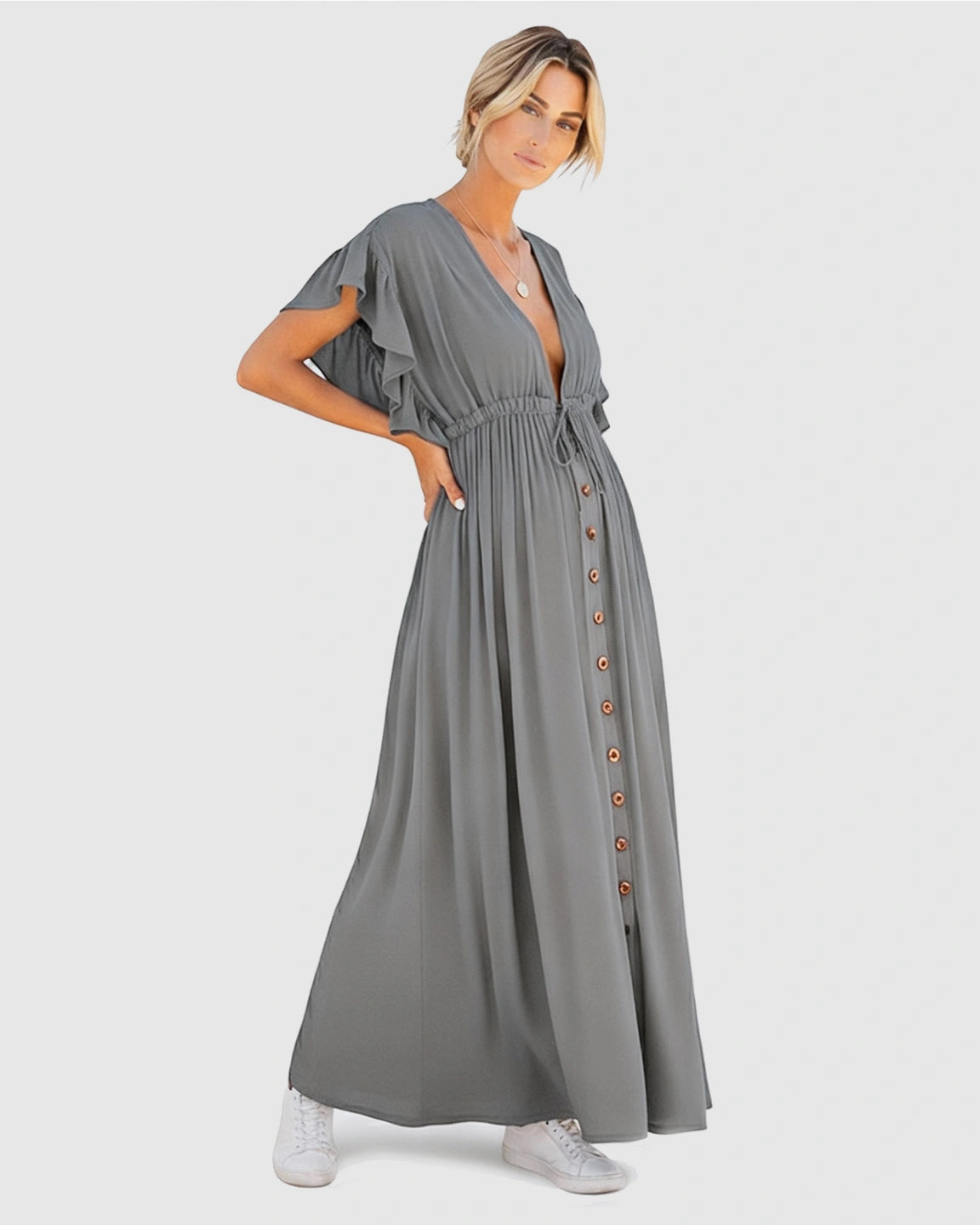 Button-Front Deep V Neck Maxi Beach Cover-Up Dress