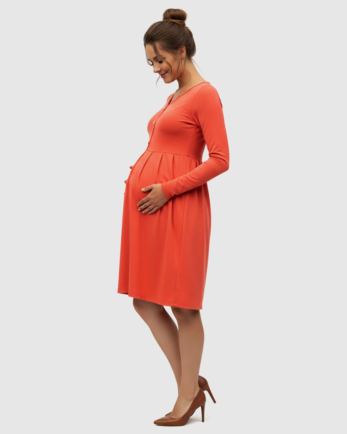 Long Sleeve Button Detail Flared Maternity Dress