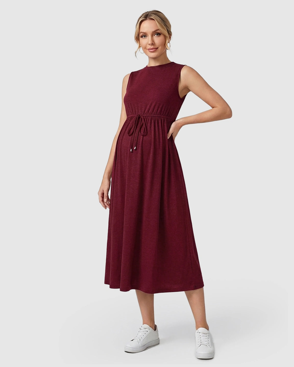 Drawstring Waist Sleeveless Maternity Midi Dress