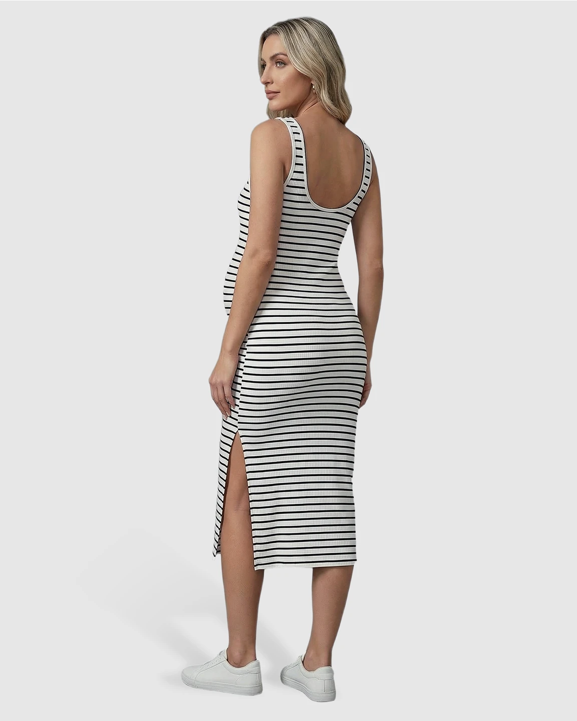 Stripe Print Side Slit Maternity Midi Dress