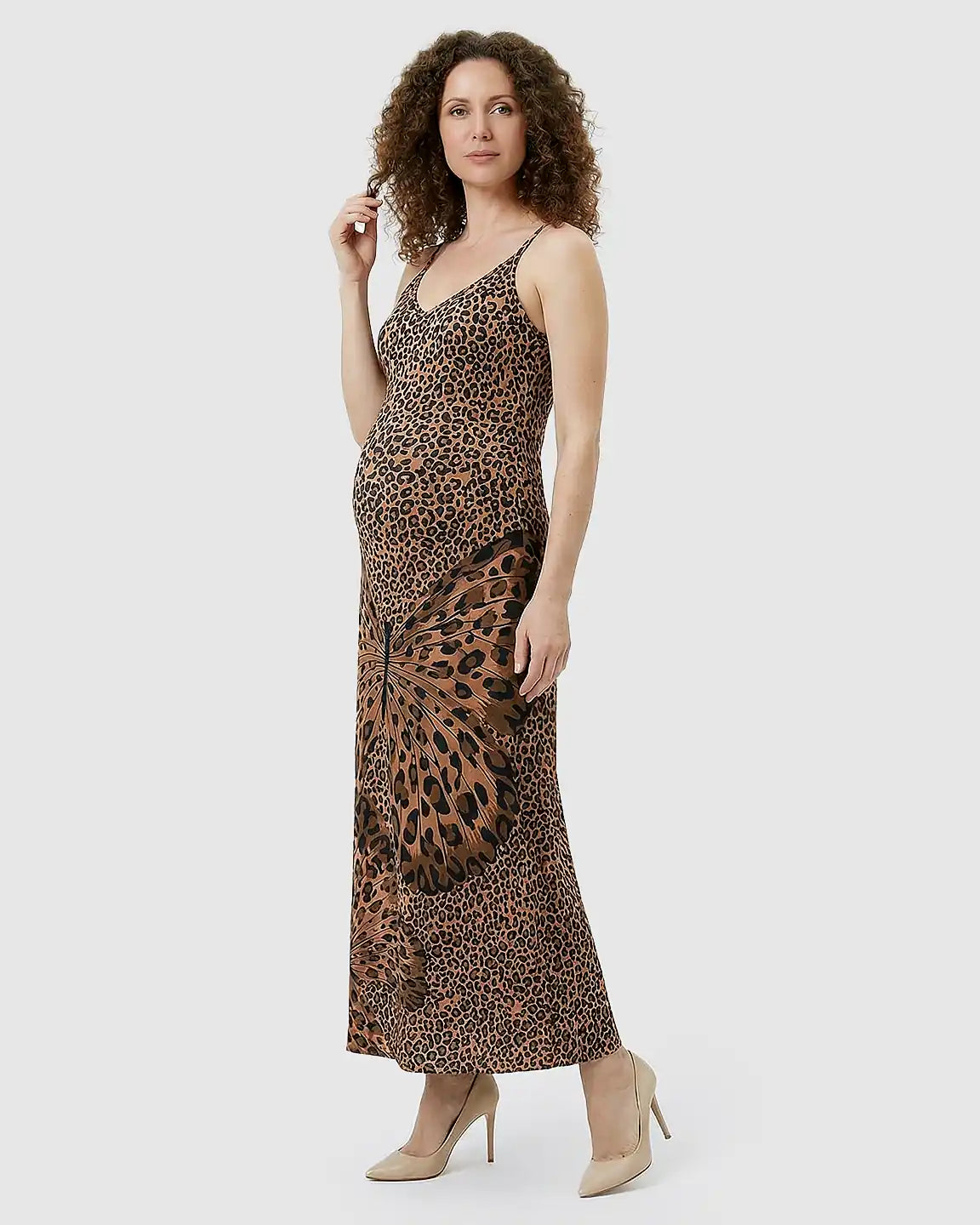 Sling V-Neck Leopard Print Maternity Midi Dress