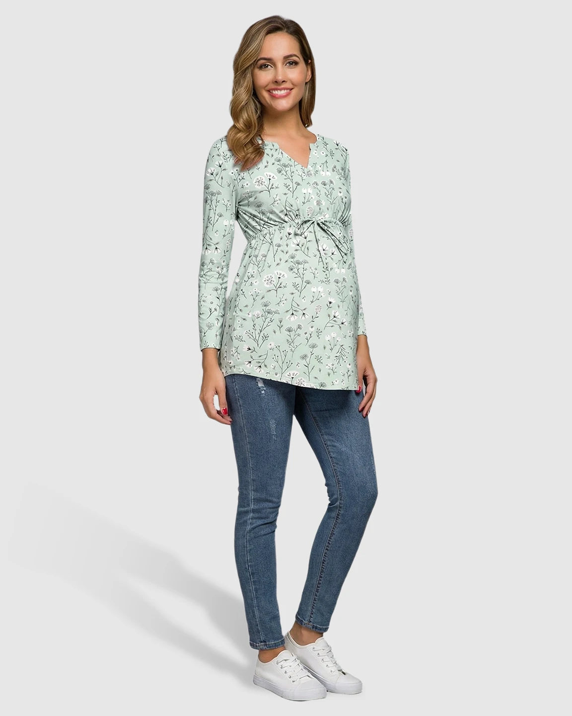 Notch Neckline Floral Drawstring Maternity Tunic Top