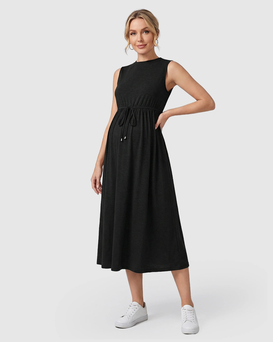 Drawstring Waist Sleeveless Maternity Midi Dress