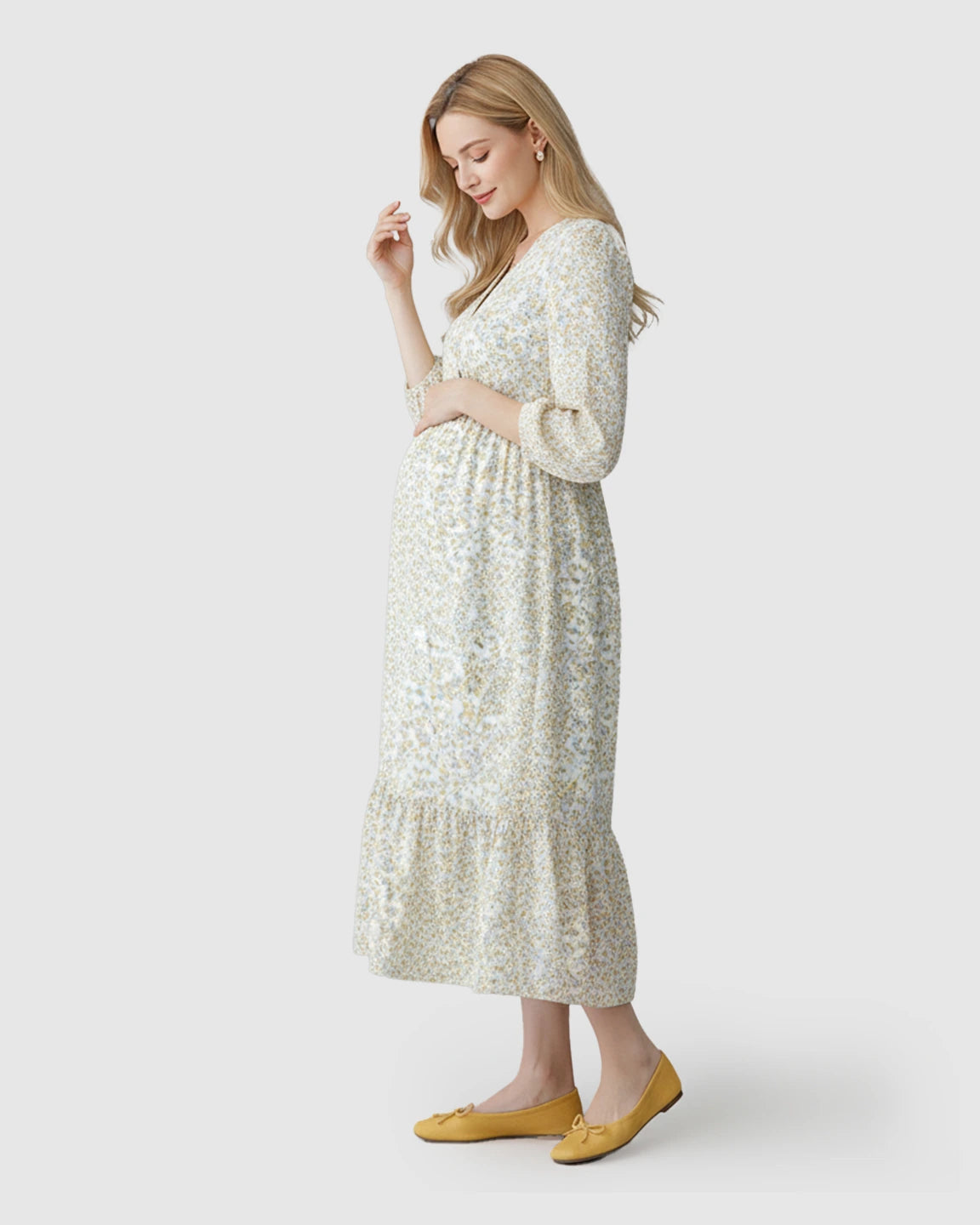 Floral Ruffle Hem Smocked Waist Maternity Midi Dress