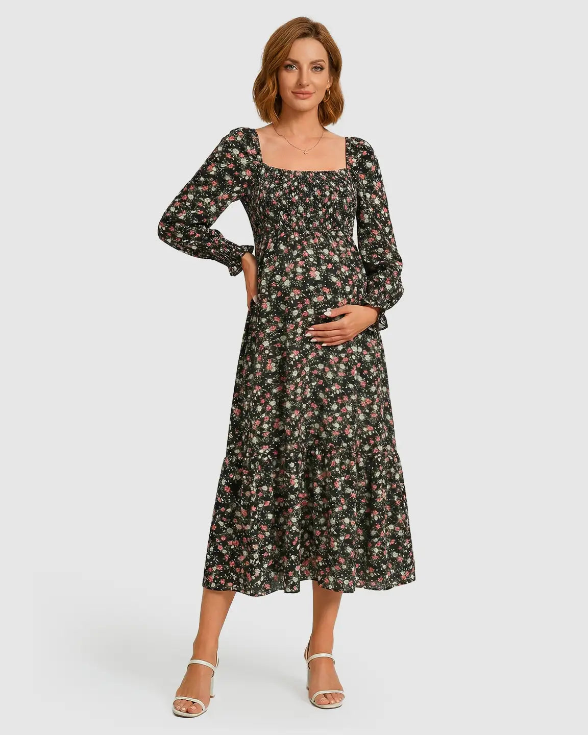 Shirred Bodice Relaxed Maternity Midi Dress