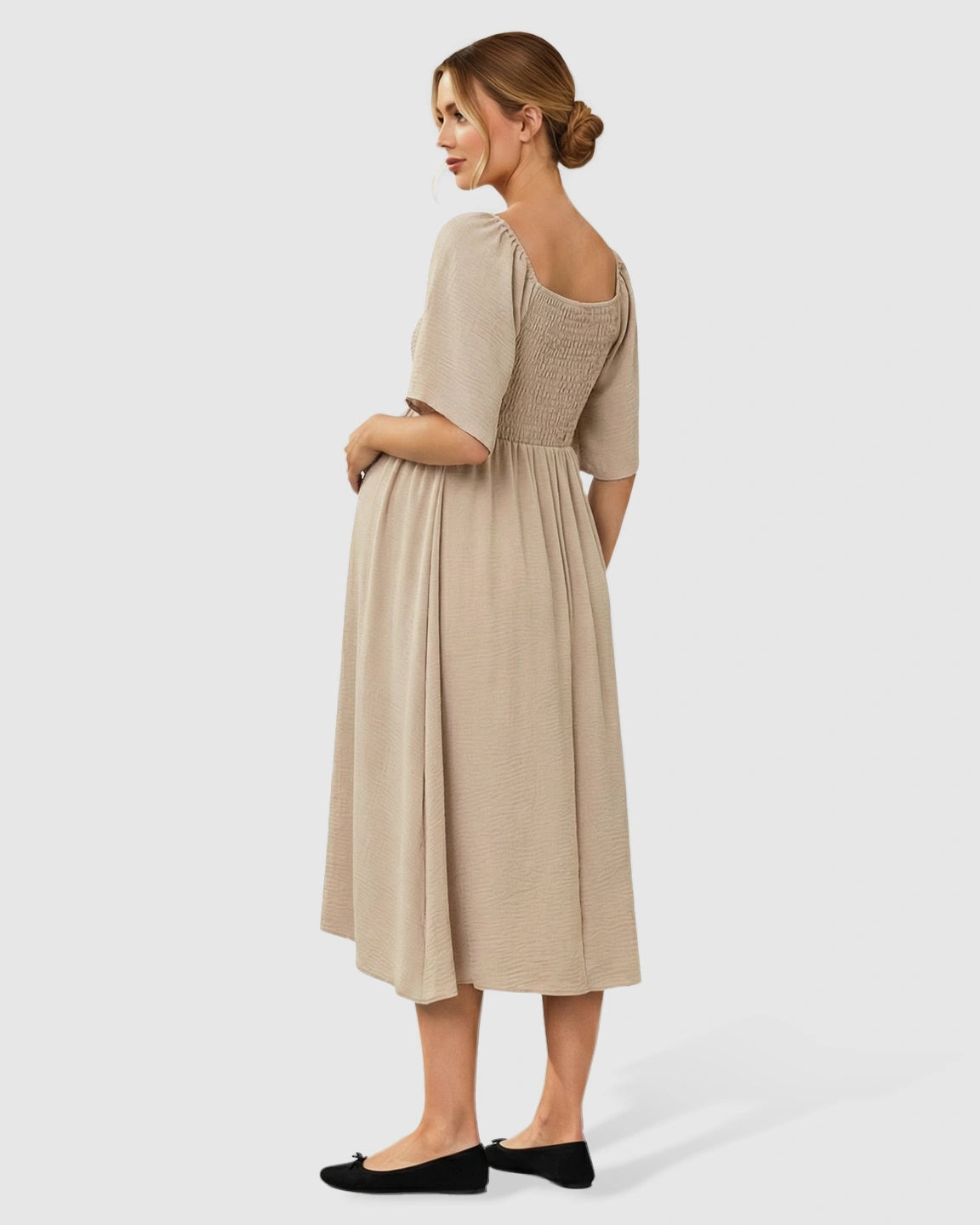 Tie-Knot Front Swing Silhouette Maternity Midi Dress