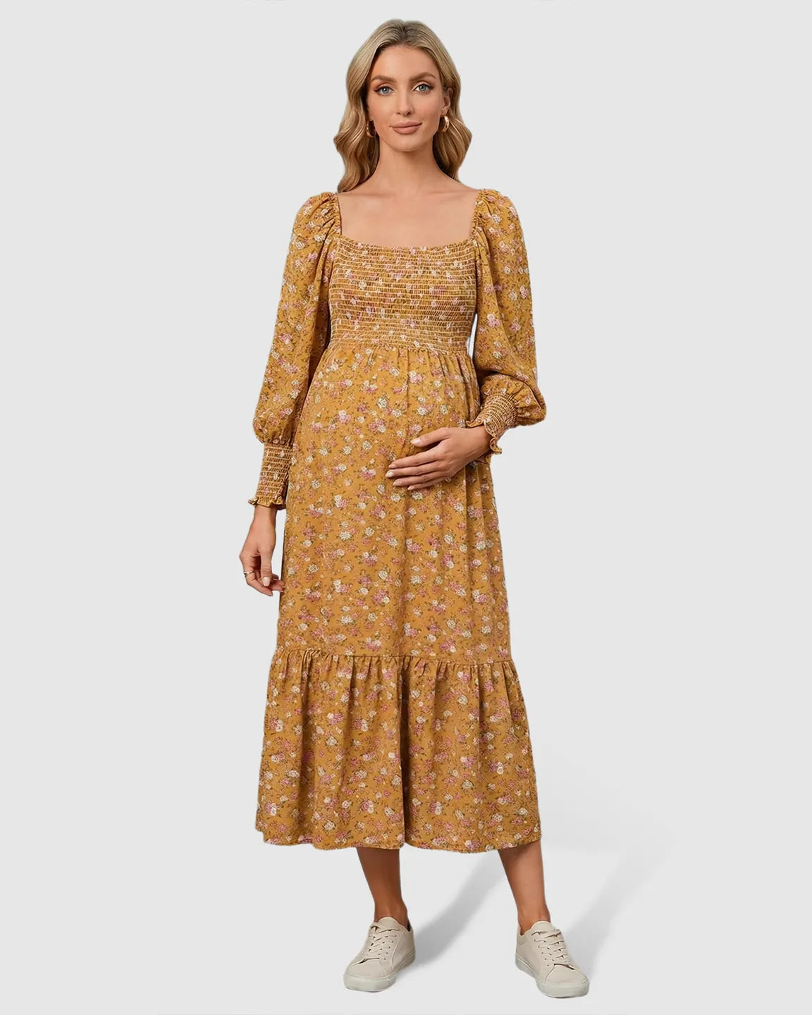 Shirred Bodice Floral Maternity Midi Dress