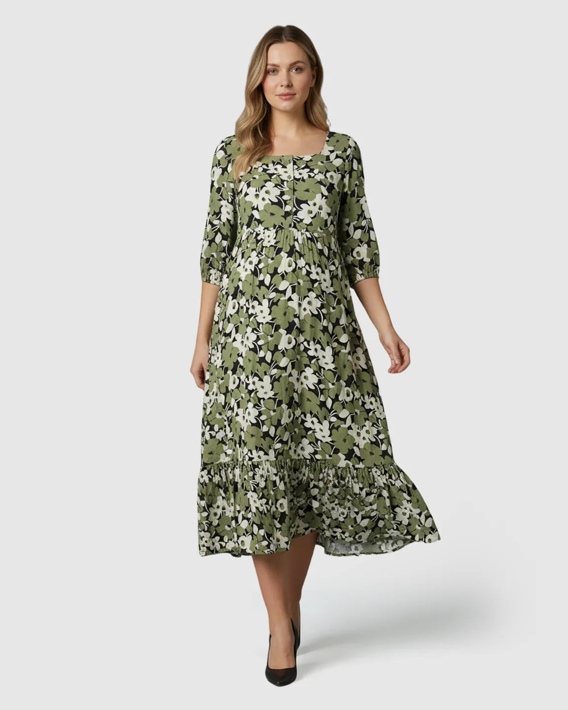 Button-Front Square Neck Maternity Midi Dress
