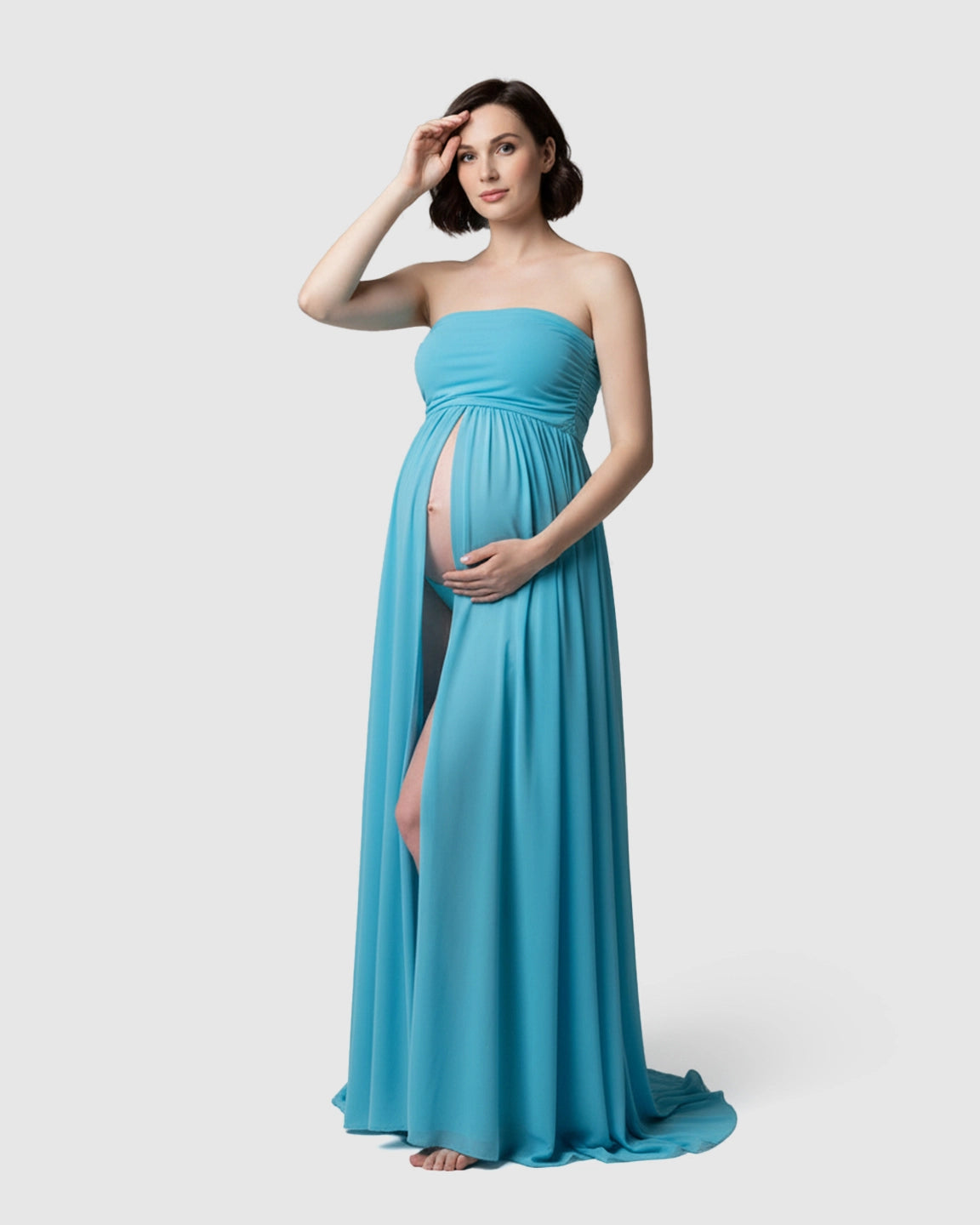 Strapless Ruched Front Slit Maternity Photoshoot Dress
