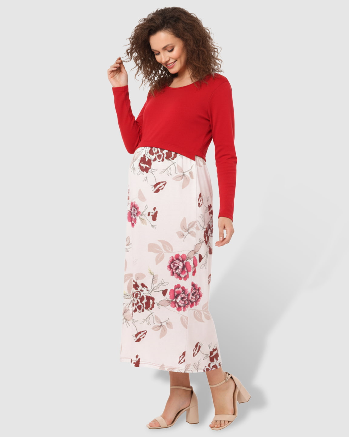 Red Floral Nursing & Maternity Midi Dress