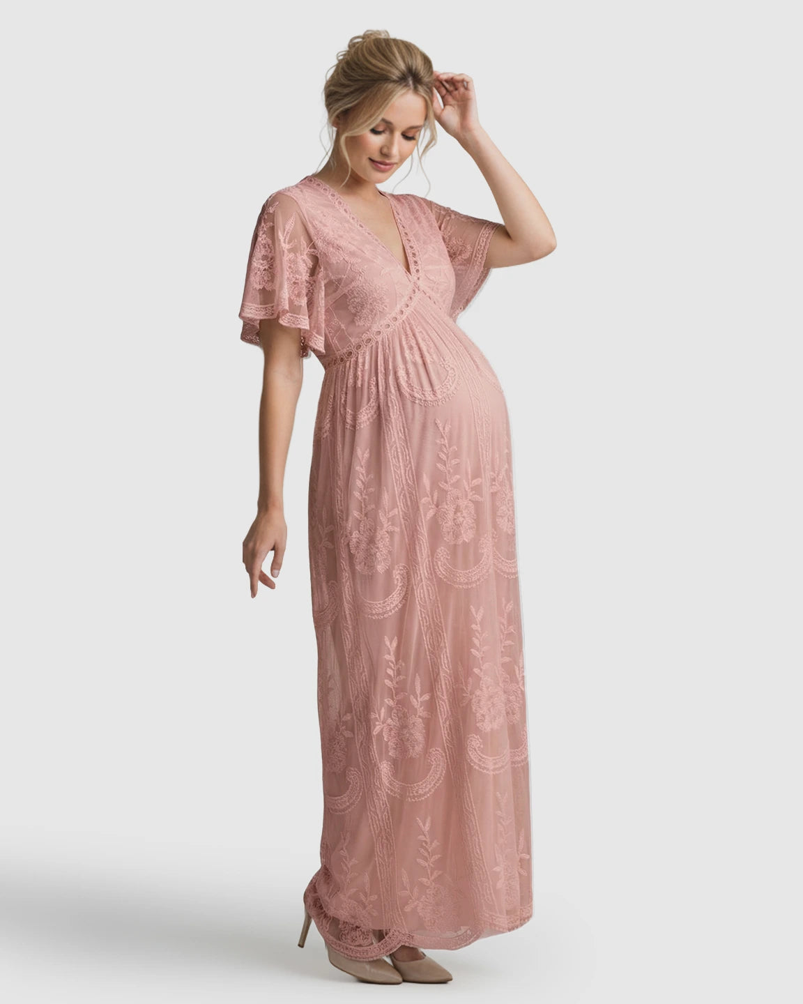 Sheer-Lace Romantic Maternity Maxi Dress