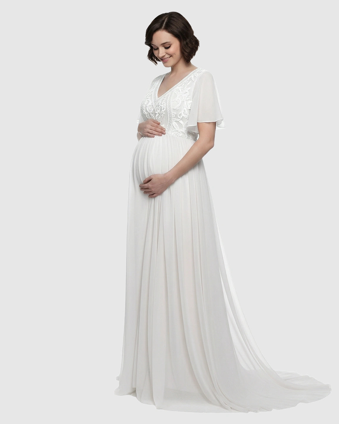 Embroidered Bodice Long Train Maternity Photoshoot Gown