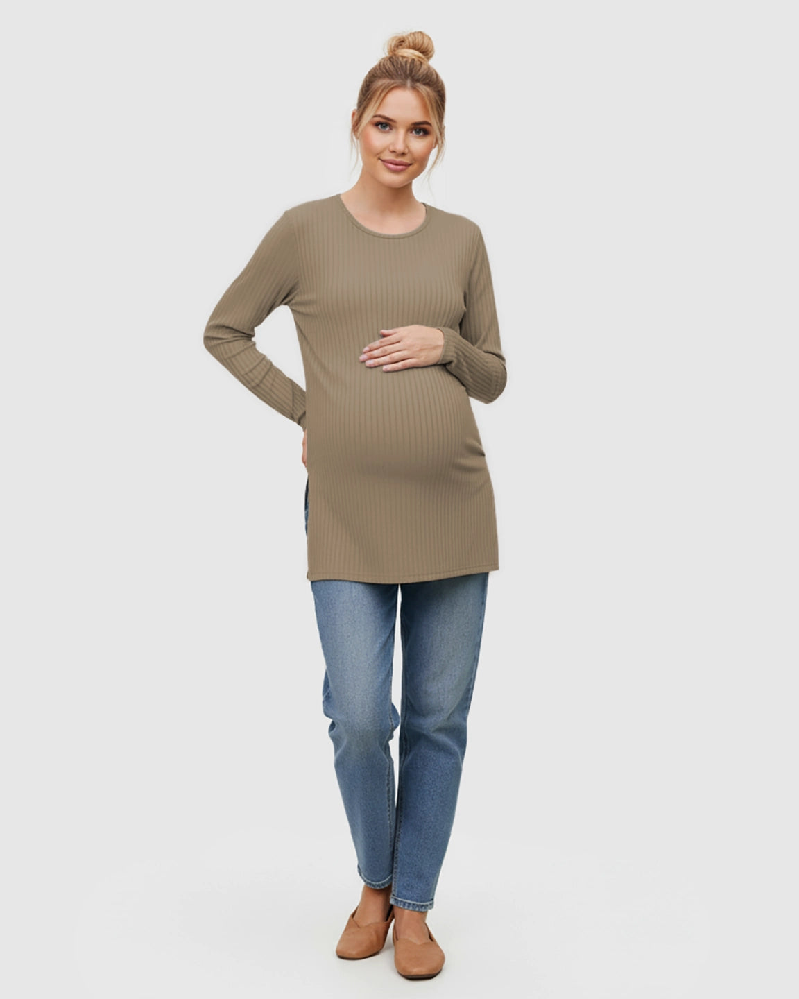 Ribbed Knit Long Sleeve Maternity Top with Side Slits
