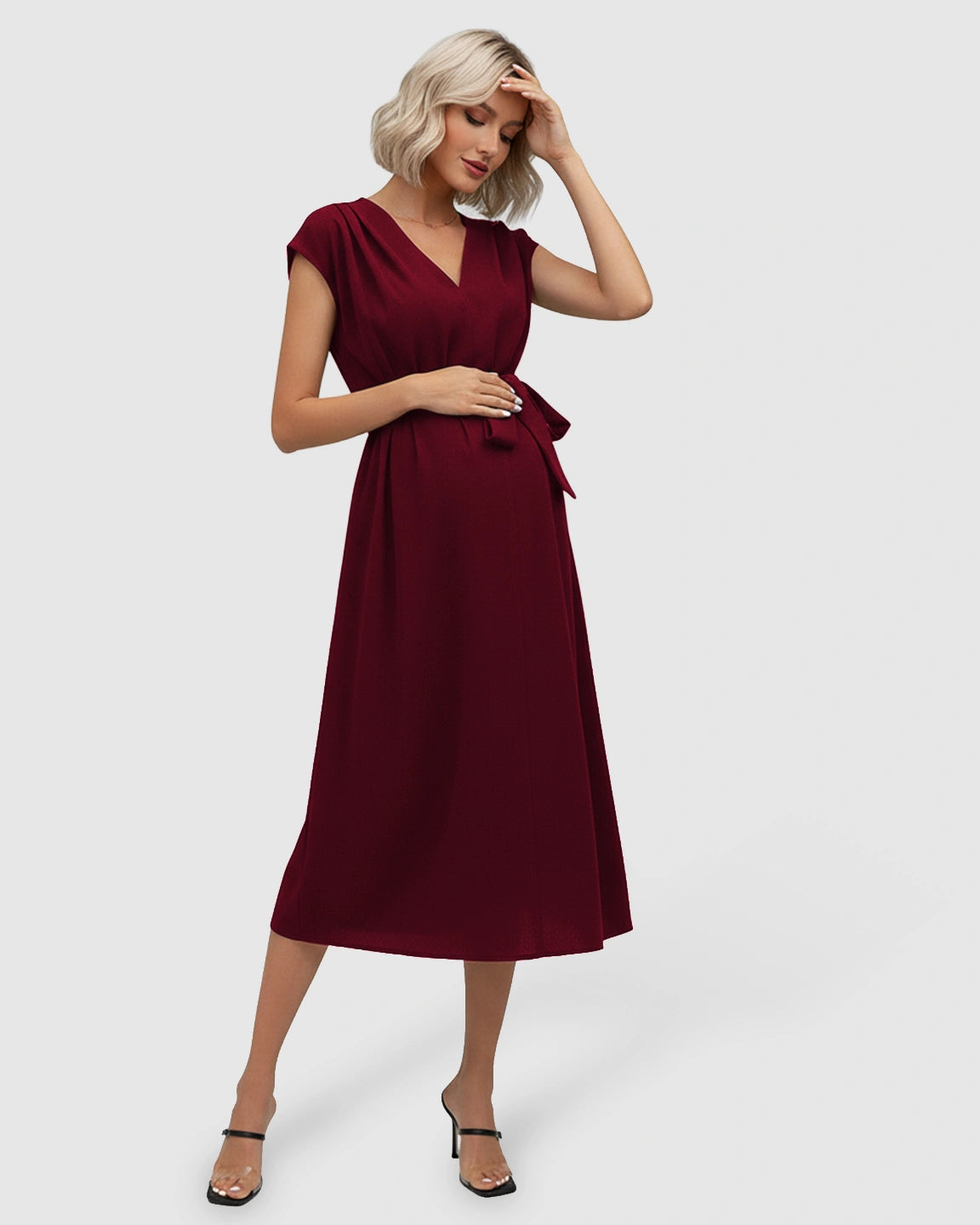 Tie-Waist V-Neck Maternity Midi Dress