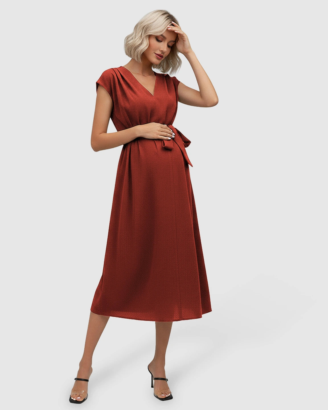 Tie-Waist V-Neck Maternity Midi Dress