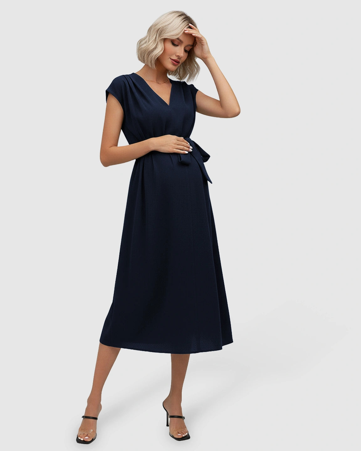 Tie-Waist V-Neck Maternity Midi Dress