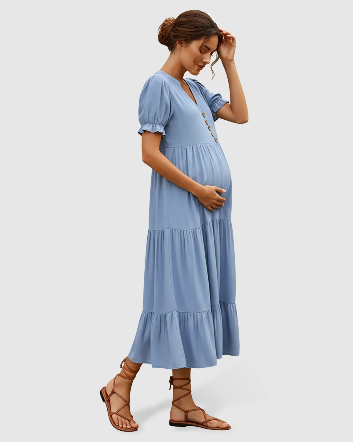 Stand-up Collar Tiered Skirt Maternity Midi Dress