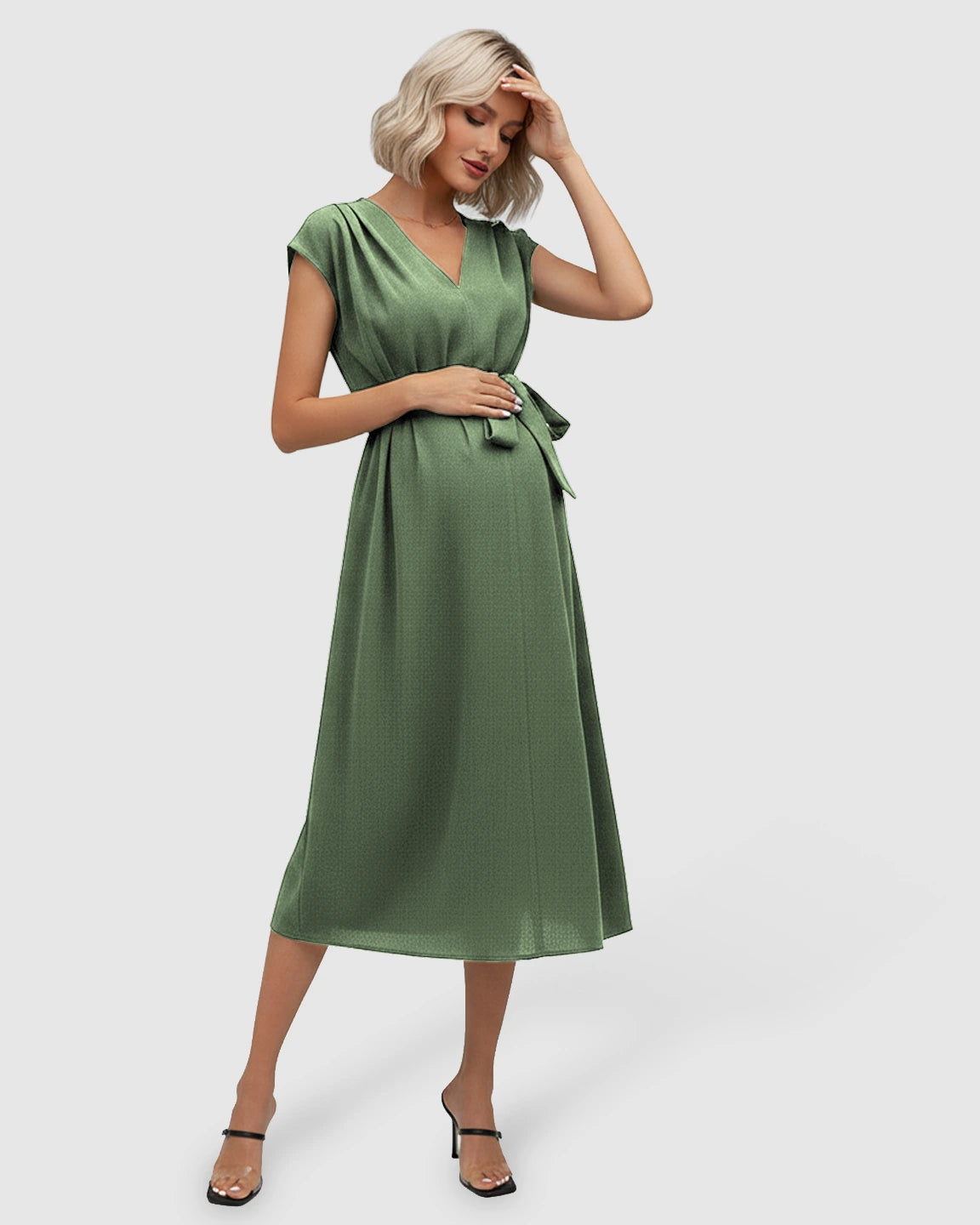 Tie-Waist V-Neck Maternity Midi Dress