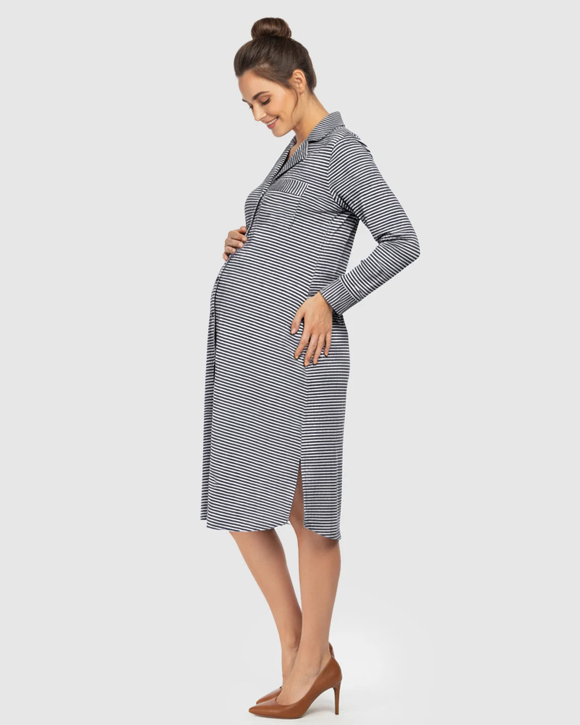 Striped Button-Front Shirt Style Maternity Sleepwear
