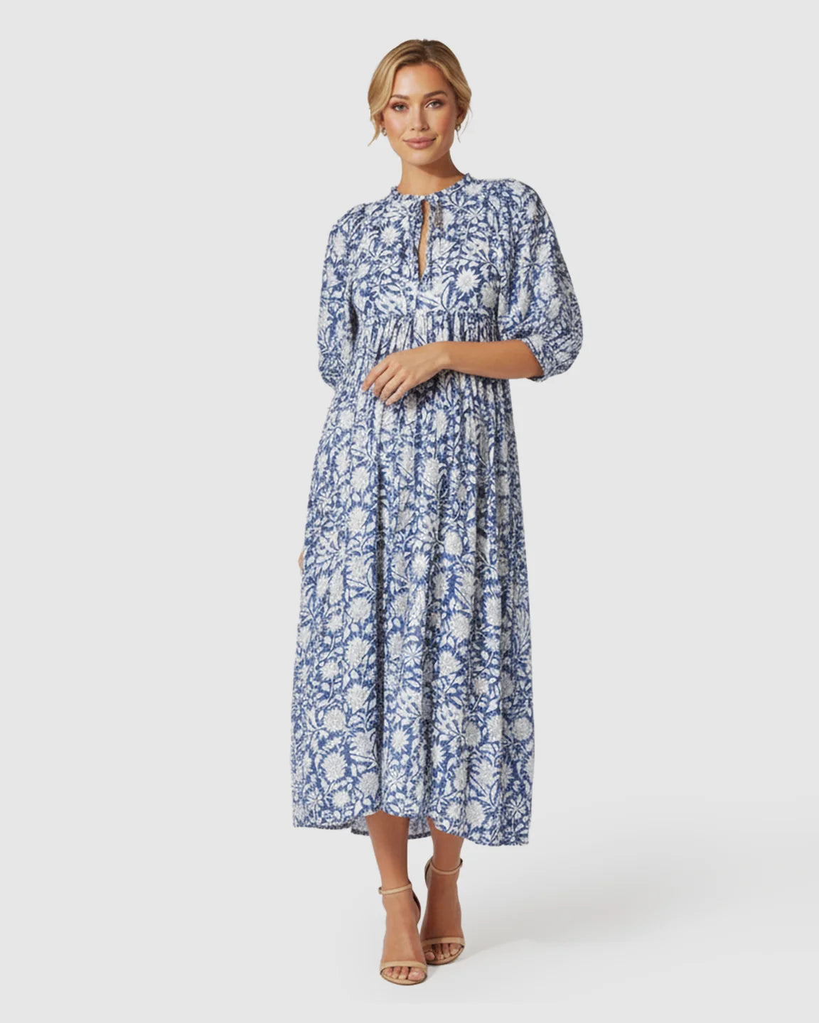Gathered Shoulder Floral Loose Fit Maternity Midi Dress